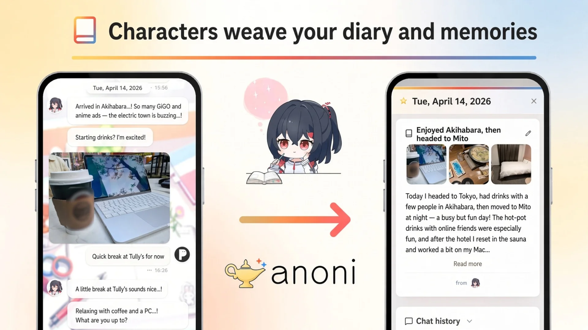 Akari — A character weaving the chat into a diary and memory