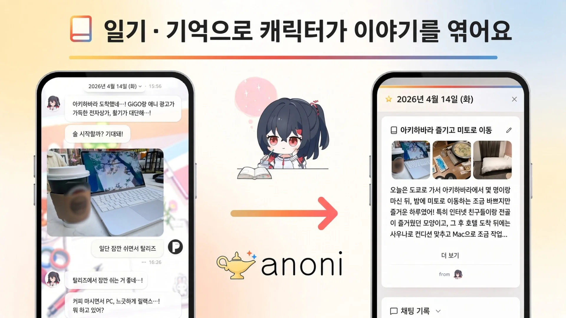 아카리 — 캐릭터가 채팅을 일기와 기억으로 엮는 모습