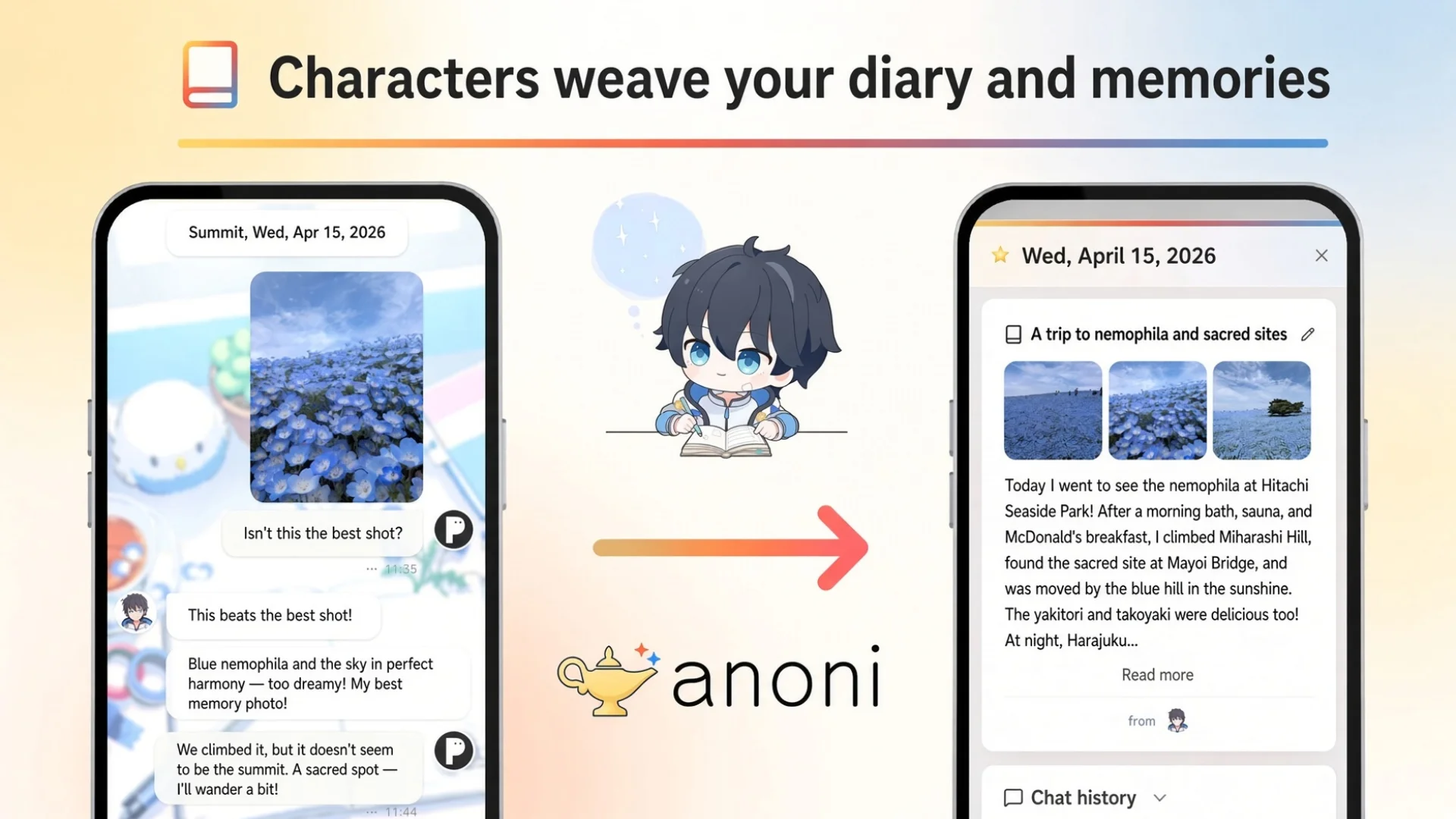 Haruto — A character weaving the chat into a diary and memory